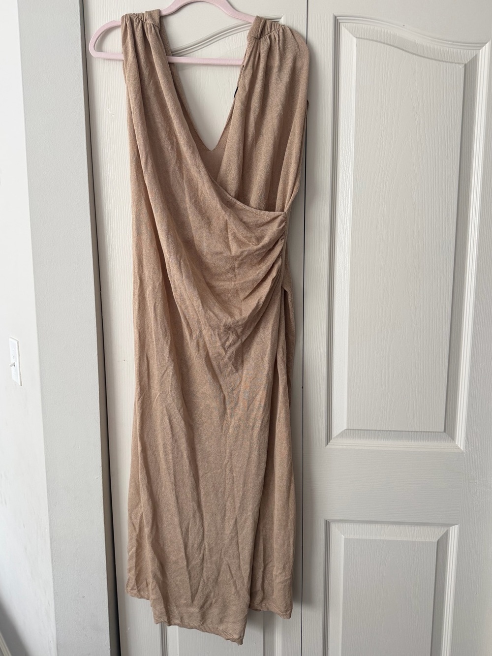 Zara One-Shoulder Draped Midi Dress in Beige
